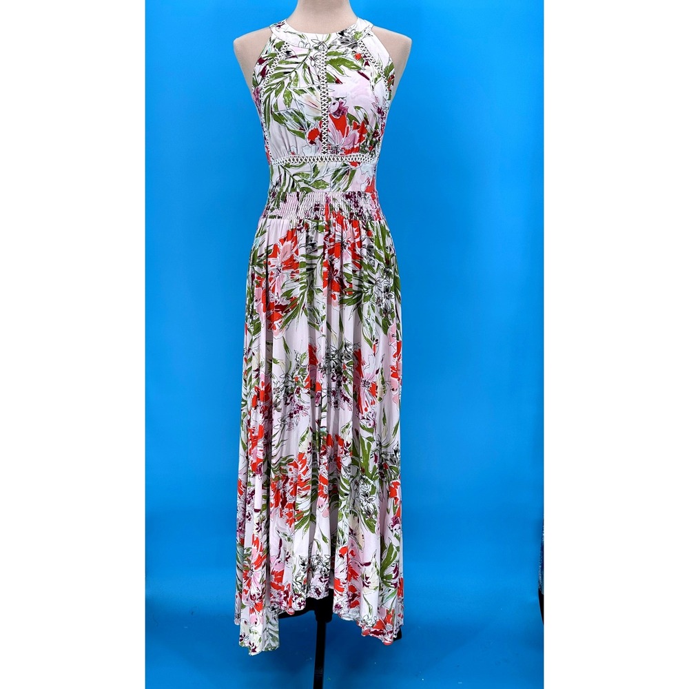 Abel The Label Floral Halter Maxi Dress Smocked Waist Open Back Tropical Pink M